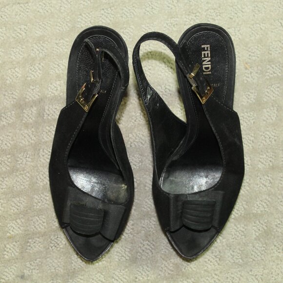 Fendi Black Suede Leather & Ribbon Bow Platform Sling Sandals Size 8 w/ COA - Picture 2 of 7